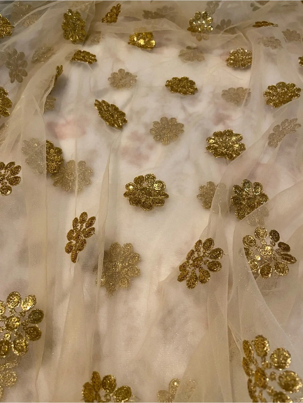 Indian Elegant Floral Gold Sequin Cream and Green Women's Net Scarf Dupatta Veil